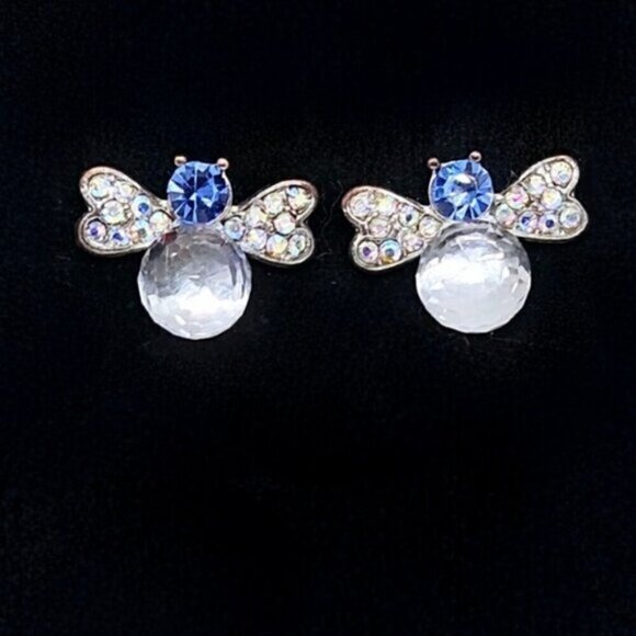 Blue and White Crystals Bee Earrings - Picture 1 of 3